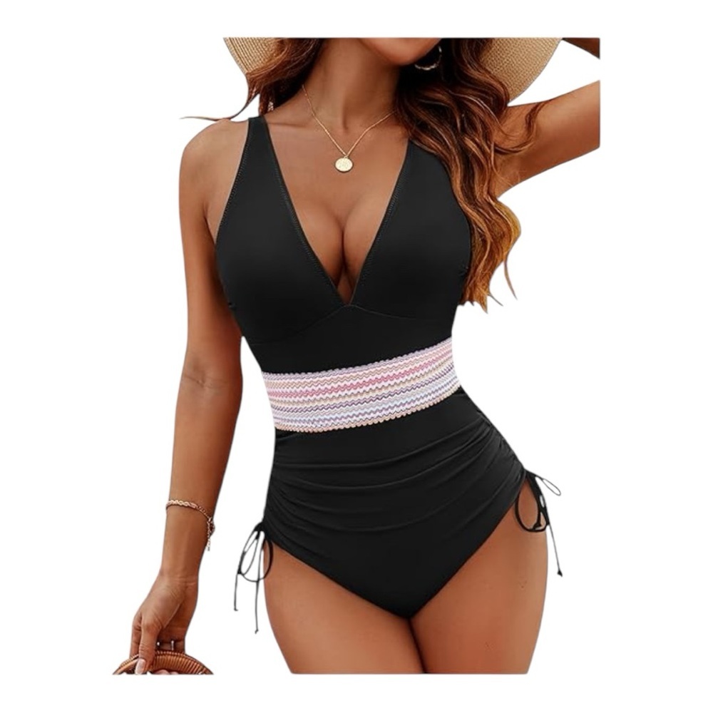 Black One Piece Swimsuit with Striped Waist